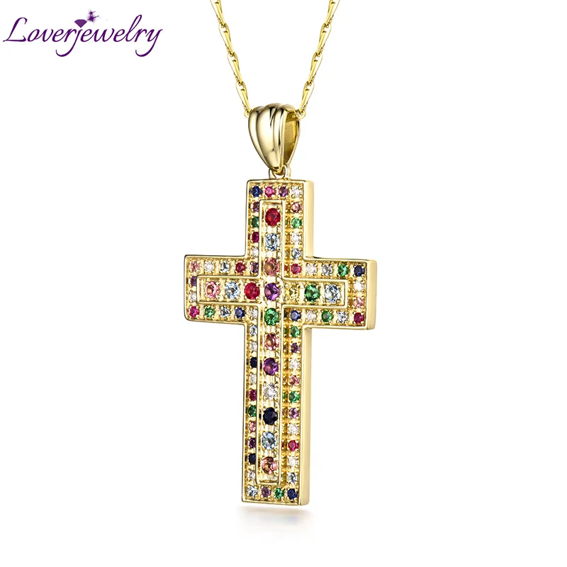 Colors GEM Pendant Модная одежда в стиле "хип-хоп" Рок крест кулон Твердые 14 К желтого золота Цвета драгоценный камень в виде кулона без Цепочки и ожерелья цепи вечерние ювелирные изделия - Цвет камня: Colors GEM Pendant