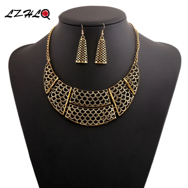 LZHLQ панк полый геометрический чокер эффектные ожерелье серьги набор для женщин ожерелья из сплава Подвески