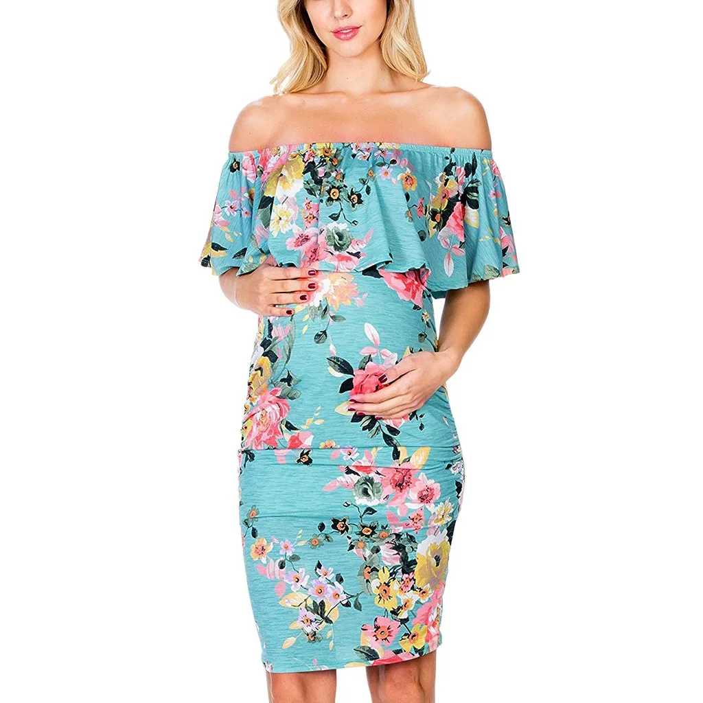 Женское платье для беременных с оборками и открытыми плечами цветочным принтом