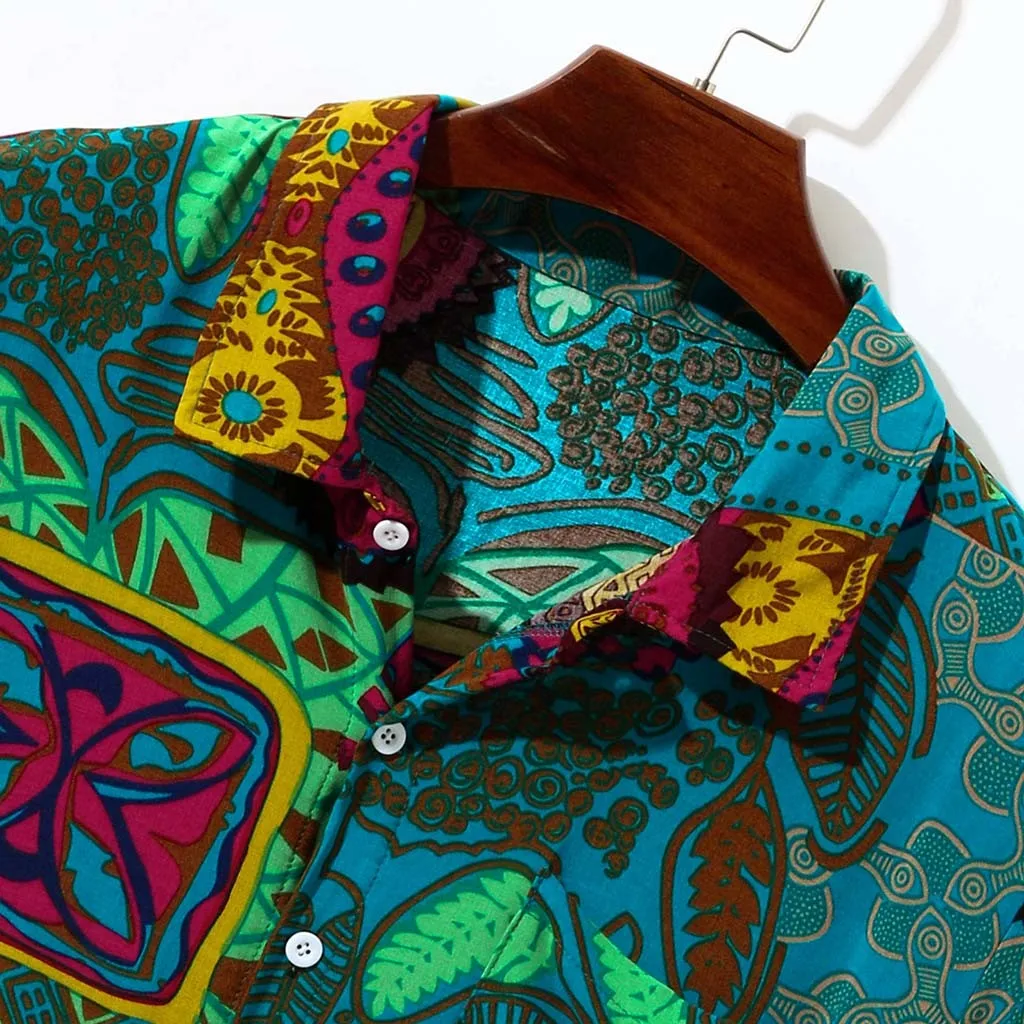 Hot sale New Summer Men Shirts Vintage Ethnic Printed Turn Down Collar Short Sleeve Loose Casual Tops camisas hombre