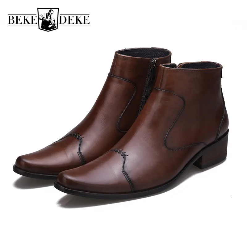 Botines italianos de cuero genuino para hombre, calzado de seguridad Formal  con tacón medio y Punta puntiaguda, para trabajo y oficina