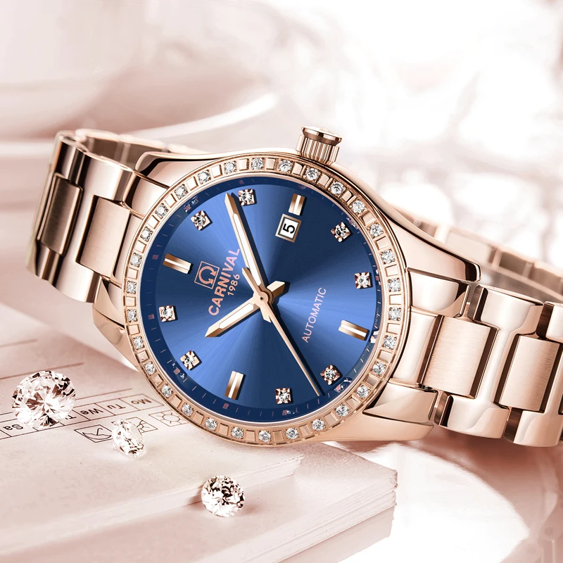 2018 CARNIVAL Rose Gold Crystal Steel Women Watch TopBrand Luxury Fashion Waterproof Luminous Butterfly Buckle relogio feminino | Наручные