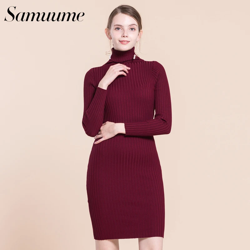 Samuume Elegant Long Sleeve Turtleneck Knitted Dress Autumn Warm Bodycon Winter Wrap Pencil Sweater Dresses Vestido A1708050 | Женская