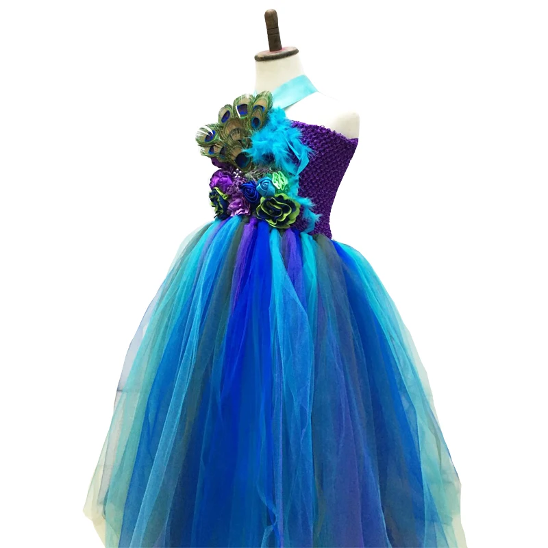 

Girls Party Dress Peacock Feather Handwork Kids Princess Kids Ball Gown Tutu Peacock Tulle Dress For Photo props Birthday 2-10Y