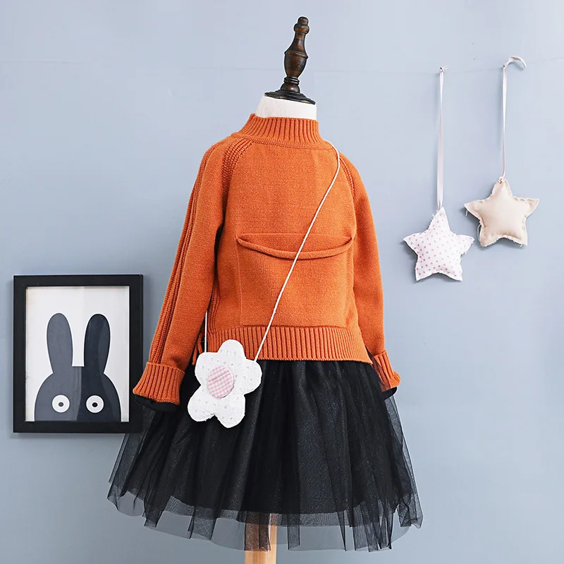 winter thick warm knit tulle 2 pcs set dresses age 3 - 12 yrs baby girls long-sleeve dress+sweater party frocks for little | Детская