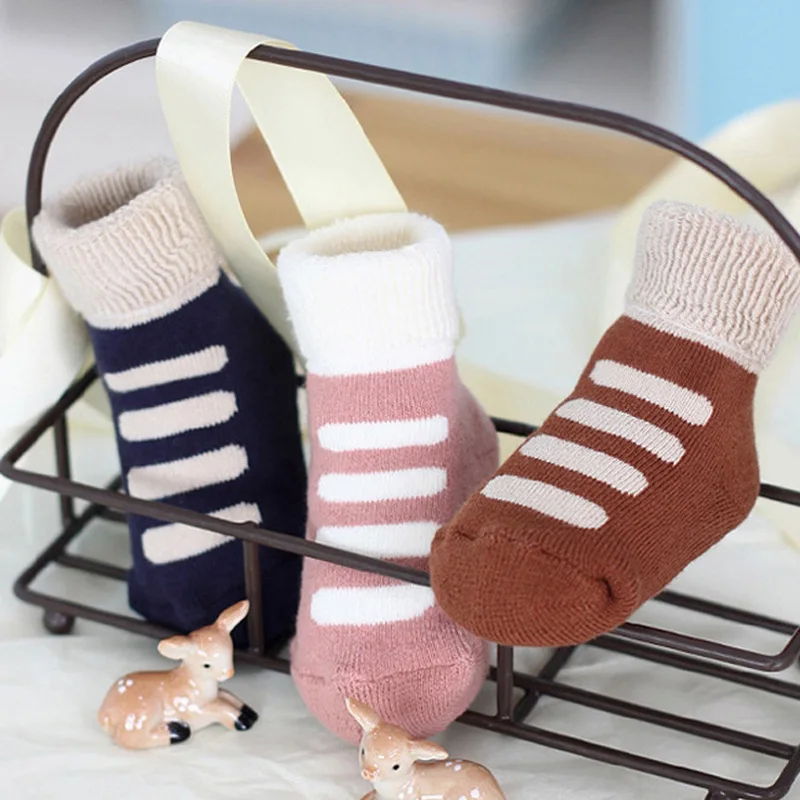 Плотные теплые носки для новорожденных хлопковые махровые в полоску с