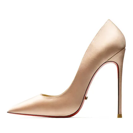 nude silk 12cm Качественные пикантные женские туфли-лодочки из шелкового атласа; туфли с красной подошвой; свадебные модельные туфли с острым закрытым носком на высоком тонком каблуке; туфли на шпильке - Цвет: nude silk 12cm