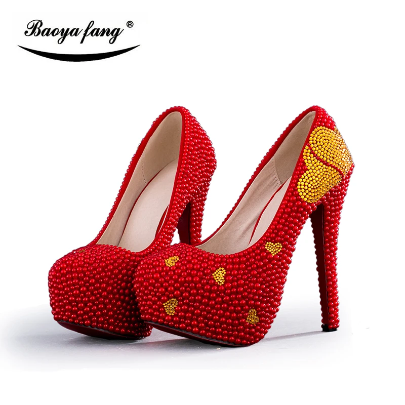 

BaoYaFang red Pearl beads gold heart crystal Wedding shoes womens Luxury Handmade party dress shoes fashion platform shoes