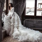 Шикарное свадебное платье, белое Многоярусное фатиновое платье с длинным рукавом, со шлейфом каскадом, шикарное вечерние ное платье для помолвки, 2019