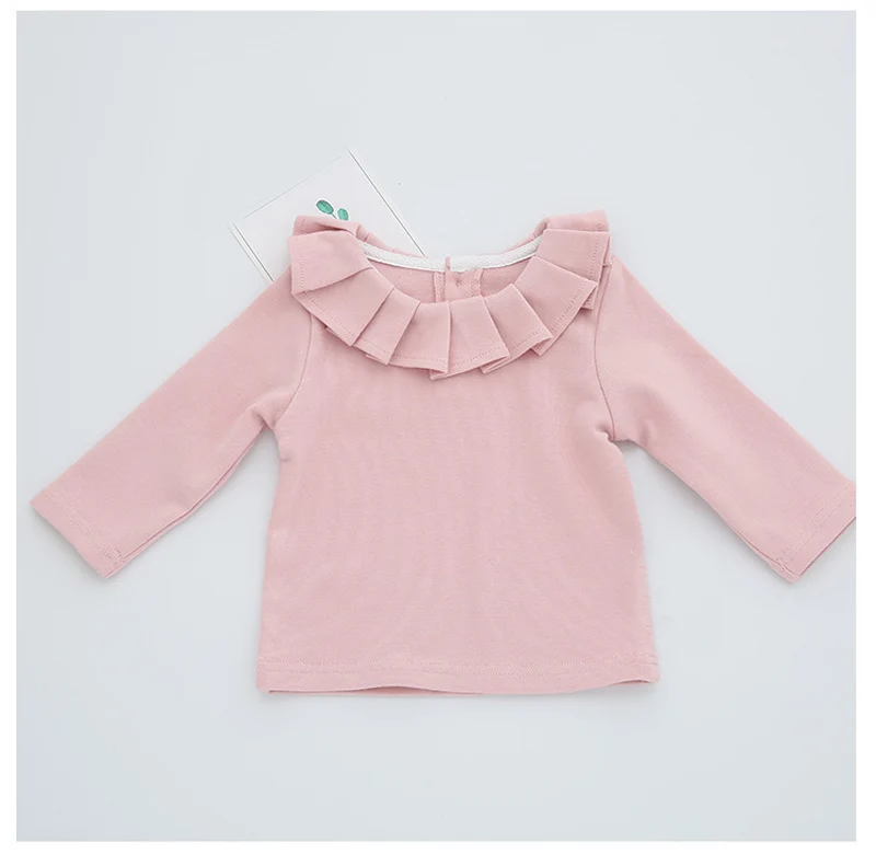 Pink Одежда для детей; футболки для маленьких девочек; детская блузка с длинными рукавами; футболки для девочек с оборками и воротником в виде листьев лотоса; топы для новорожденных - Цвет: Pink