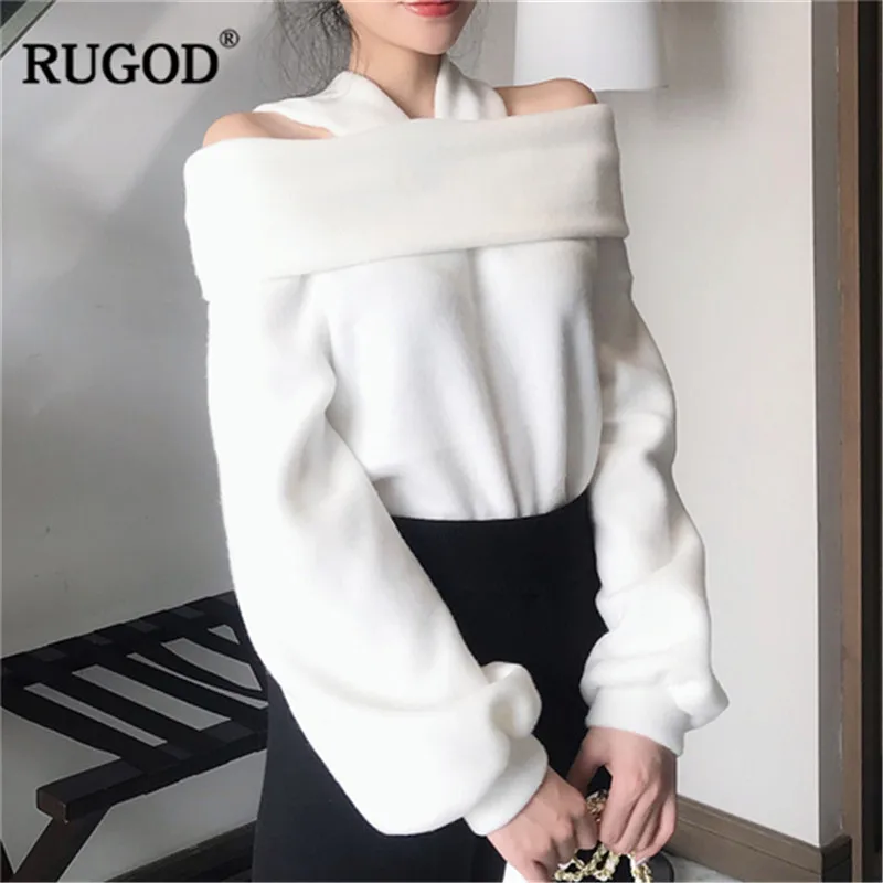 RUGOD корейский элегантный однотонный для женщин рукав-фонарик с открытыми плечами