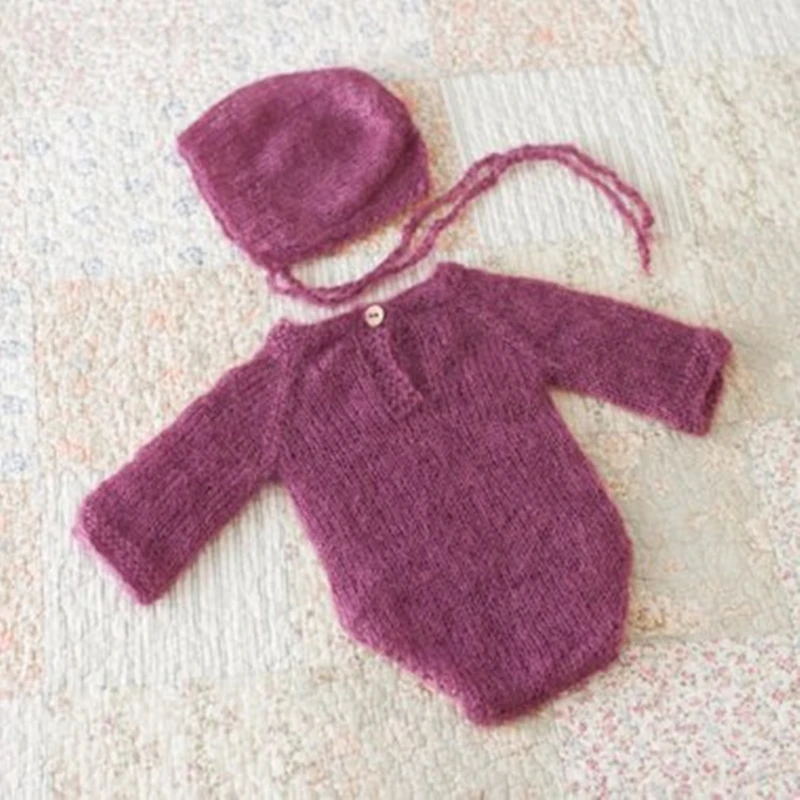 knit mohair romper hat set outfit baby boy girl protography prop newborn bonnet knitted costume sitter |