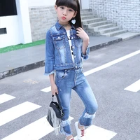 childrens suits 2019 new girls spring and autumn back sequin cowboy two piece denim jacket jeans pants body suit for girls