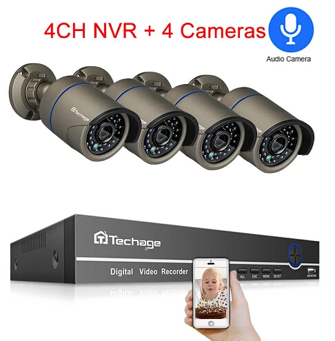 H.265 POE камера безопасности Система 4CH 1080P NVR комплект 2.0MP Аудио Микрофон CCTV серая IP камера ИК Открытый комплект видеонаблюдения - Цвет: 4CH NVR 4 Cameras