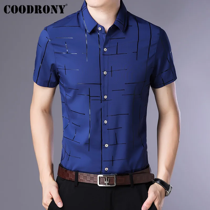 Синий COODRONY, мужская рубашка с коротким рукавом, Camisa Masculina,, летняя крутая рубашка, Мужская одежда, деловые повседневные рубашки, Chemise Homme S96033 - Цвет: Синий