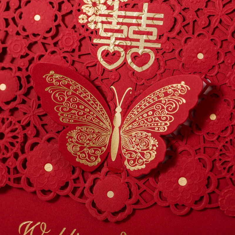 

Chinese Red Happiness Wedding Invitation Card, Laser Cutting Style Gold Foiling Butterfly Knot invitation Cards 12x18cm