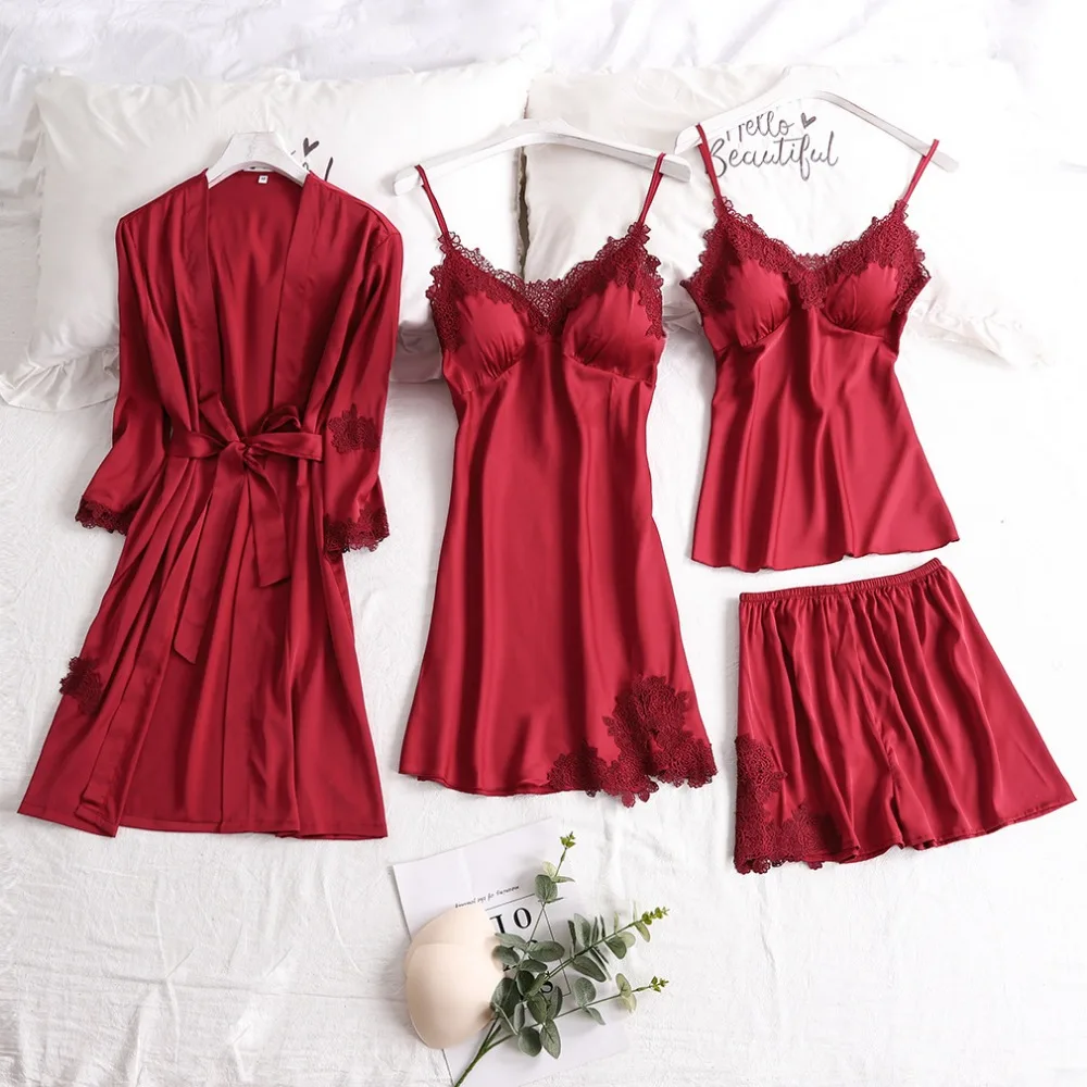 

4Pcs Sets Women Sexy Lace Sleepwear Satin Nightwear Lingerie Pajamas Suit Soft Silk Pyjamas Tops Cami Shorts Covers Pijama Mujer