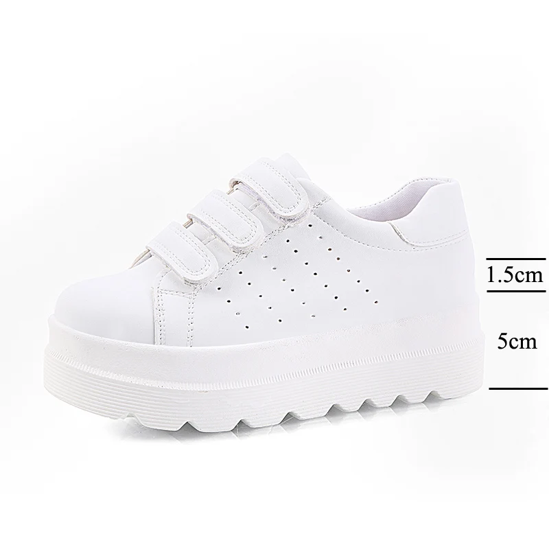

Increased Flat Platform Sneakers Women Shoes Woman Hook&Loop Solid White Leather Casual Shoes Loafers British Ladies Oxfords