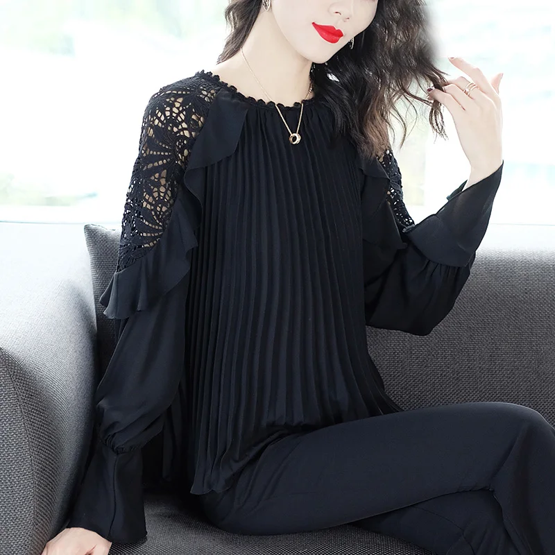 

High Quality Chiffon Blouse 2020 Spring Autumn Fashion Tops Women Hollow Out Lace Embroidery Flare Sleeve Black Tops Shirt Lady
