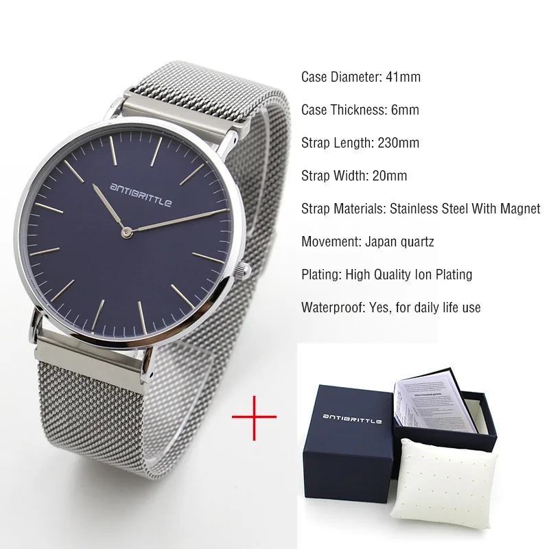 Magnet 1 with box Япония Кварцевые темно-синие женские минималистичные часы мужские деловые тонкие серебряные кожаные сетчатые часы из нержавеющей стали с магнитным ремешком - Цвет: Magnet 1 with box