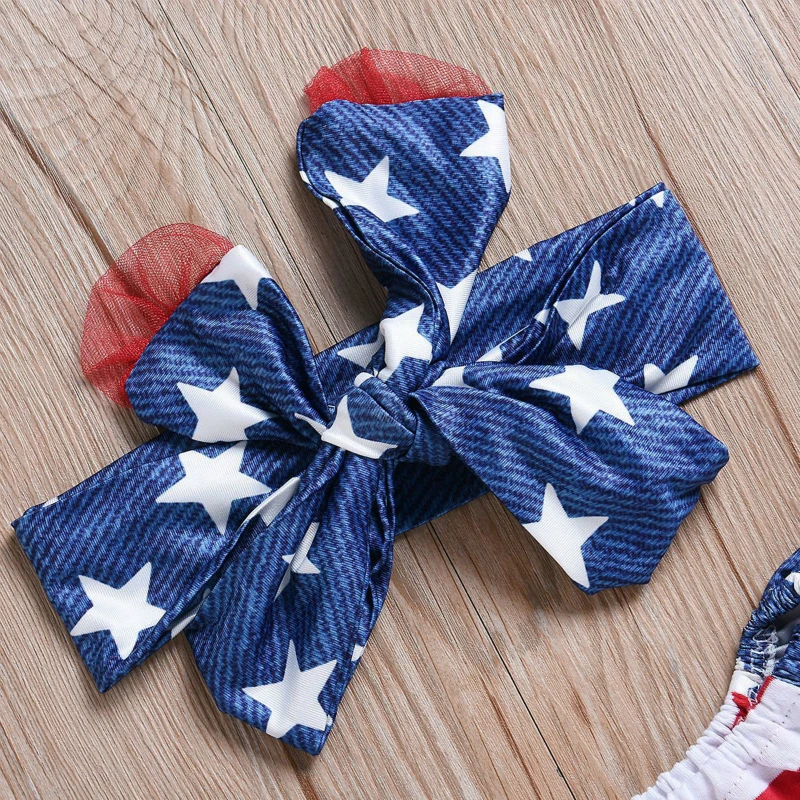 Independence Day Baby Girl Newborn Clothes Five Stars Strips Tops+Shorts With American Flag Striped Hair Band Girls Set | Мать и ребенок