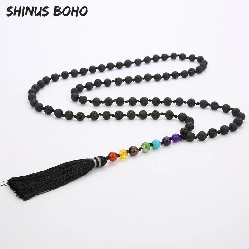 SHINUSBOHO, Трендовое мужское ожерелье с 7 чакрами, Т-образное, для женщин, из лавового камня, мужское длинное ожерелье с подвеской, завязанное, очаровательное колье, подарок