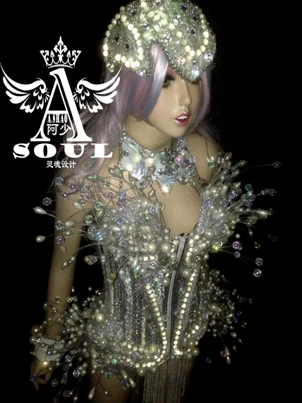 

Newest LED Luminous Light Emitting Sexy Women Suit Clothes With Headwear Led Crystal Nightclub Stage Show Performance DS Costume