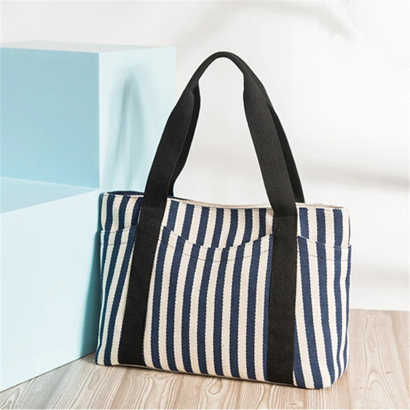 

Nesitu New High Quality Large Capacity Black Blue Stripe A4 Casual Canvas Women Shoulder Bags Lady Handbags Tote M373