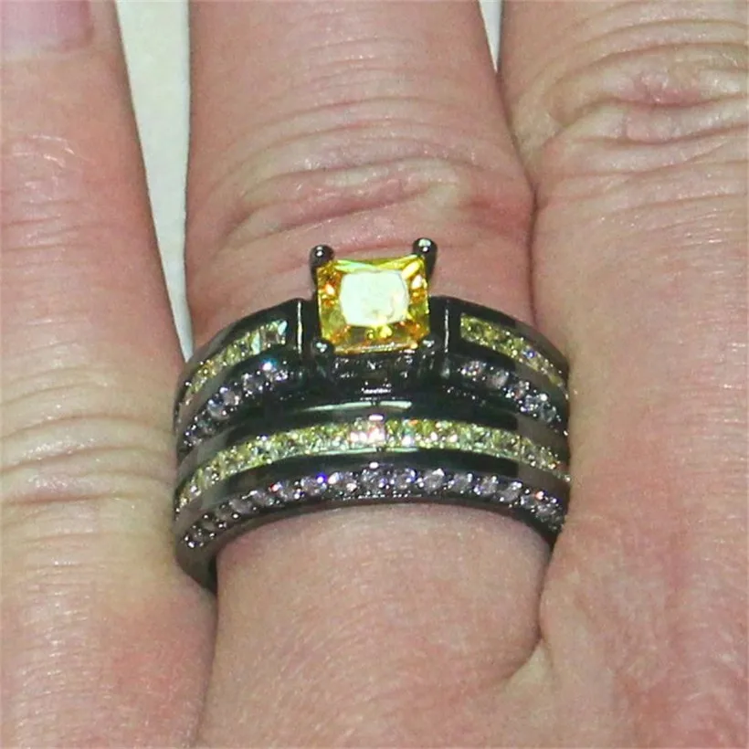 choucong Wedding jewelry Anniversary Rings finger Set for Women 2-in-1 Yellow Princess-cut 5a Zircon 10KT Black gold filled ring | Украшения