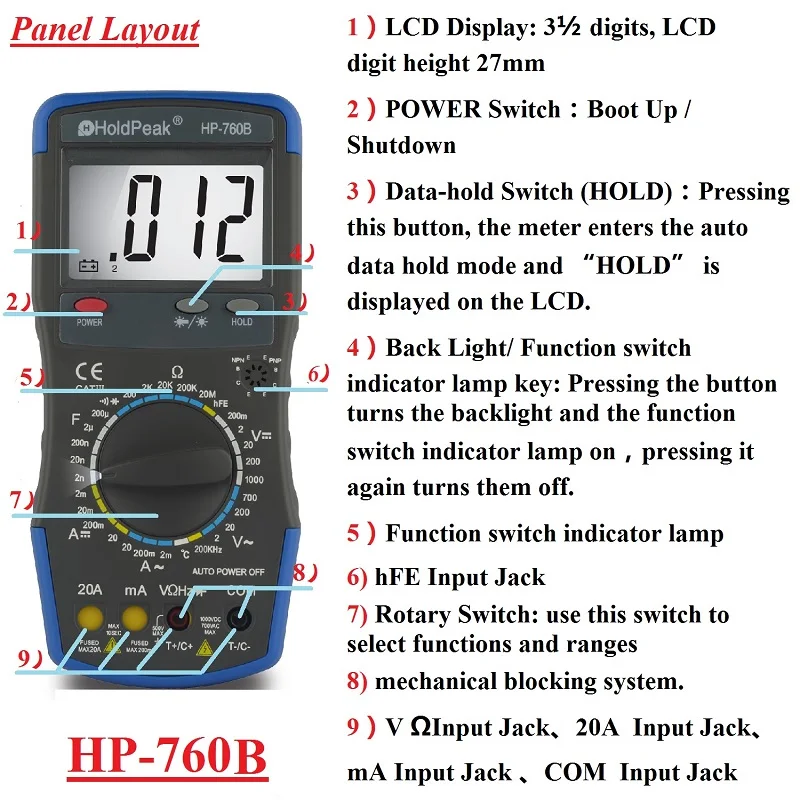Multimetro HoldPeak HP-760B Digital Multimeter Meter Measuring AC/DC Voltage Current Resistance Capacitance hFE with Carry Bag |