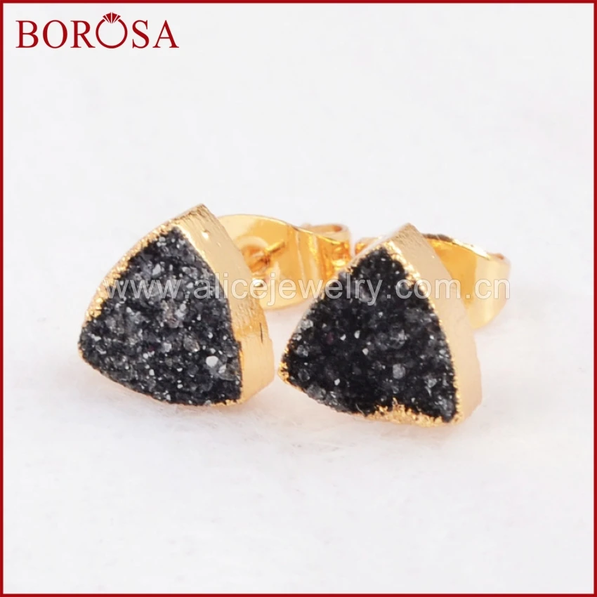 BOROSA 8 мм треугольник золотого цвета Радуга натуральный кристалл Druzy Geode серьги