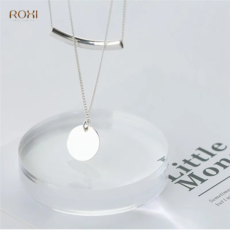 ROXI 925 пробы, серебряное ожерелье, Подвеска для женщин, простая Женская Длинная цепочка, монета, ожерелье, Двухслойное ожерелье, воротник
