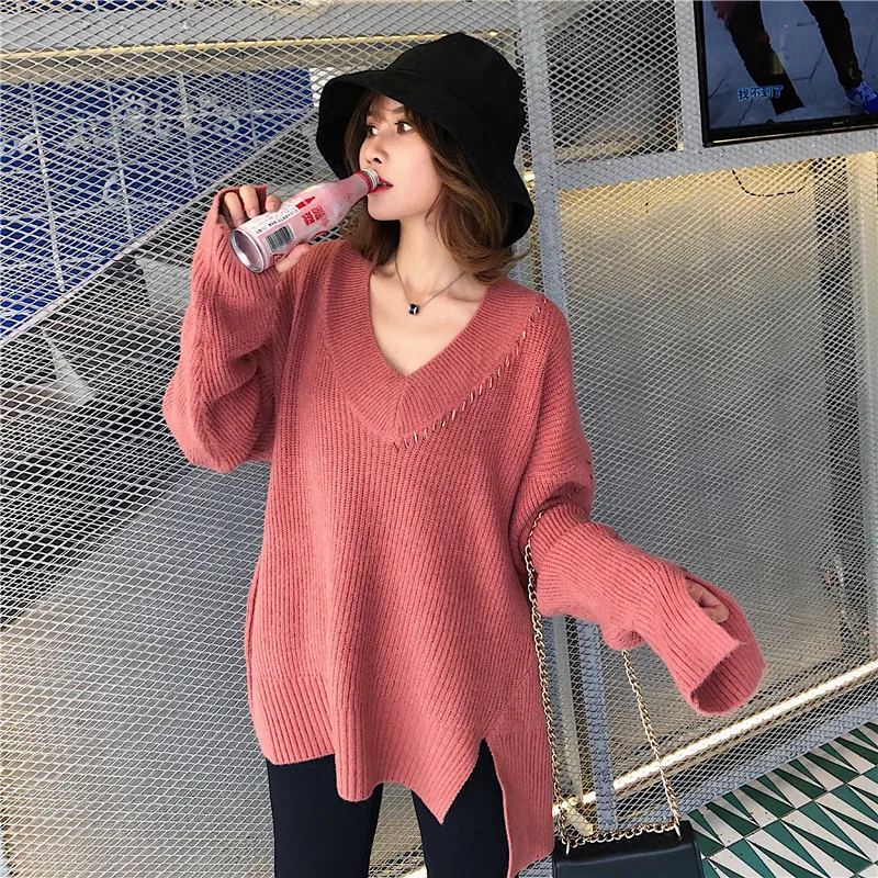 Alpaca V-Neck Lace Up Sweaters Fashion 2018 Women Plus Size Loose Clothing Knit Sweater Womens Pullover Long Sleeve | Женская одежда