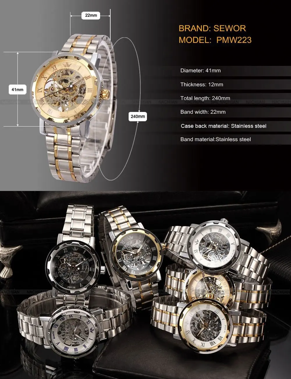 Часы мужские модные классические механические со скелетом из черной стали|watch