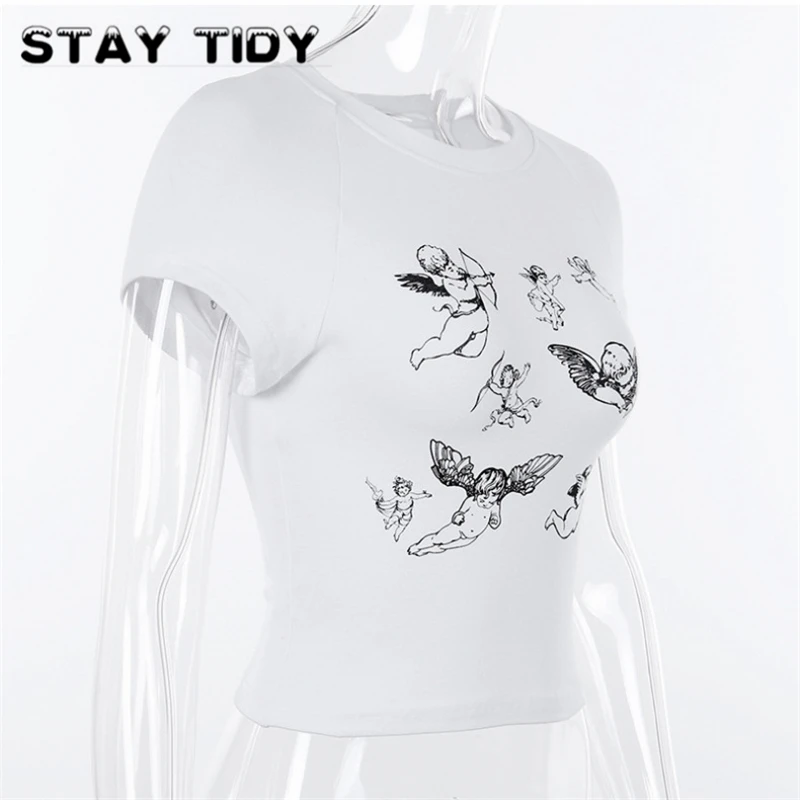 STAY TIDY Angel Cupid Print Cotton Crop Tops Summer Women 2019 Short Sleeve O-Neck Slim T Shirts Casual Female Streetwear Tees | Женская