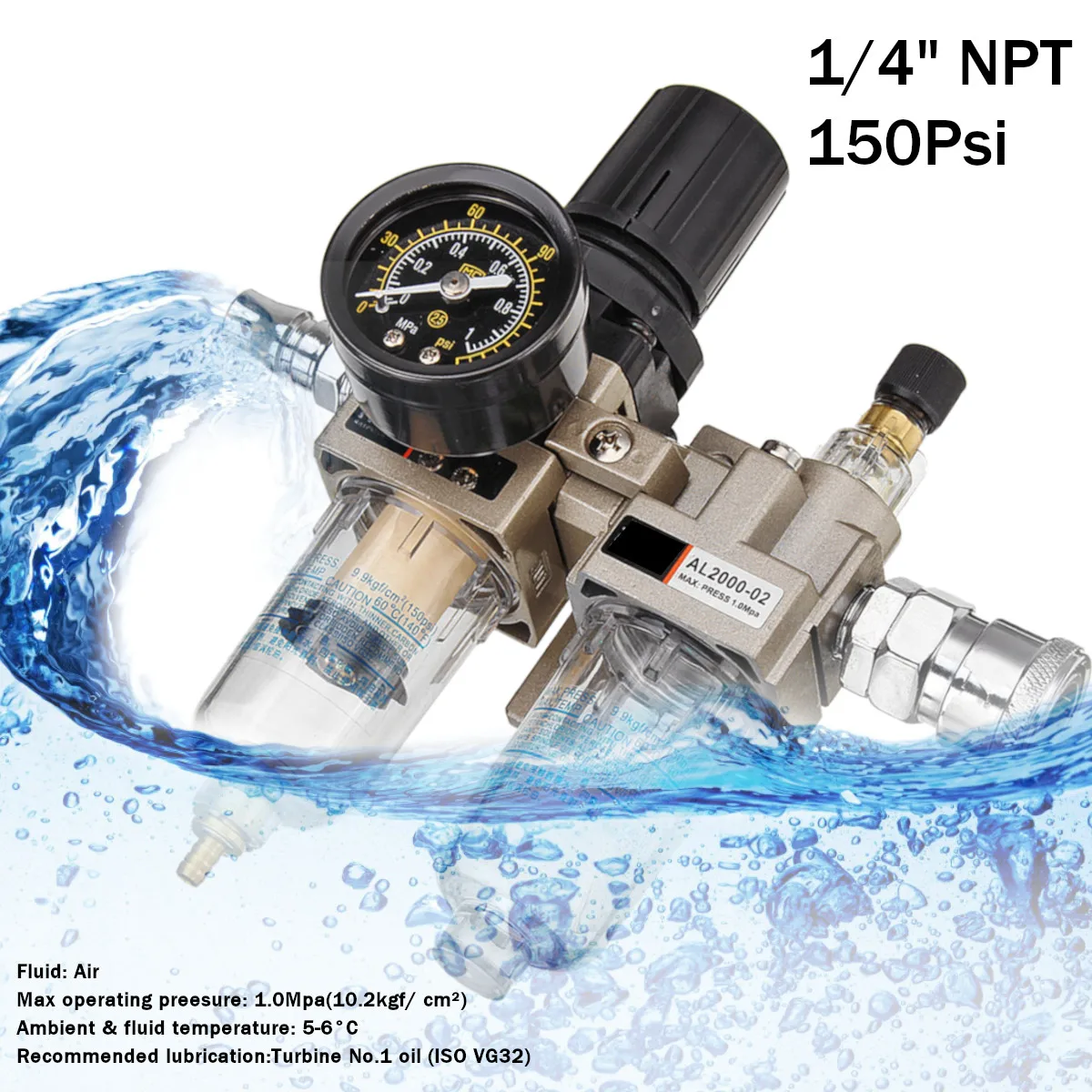 

150Psi Manual Pneumatic Air Pressure Filter Regulator Compressor Oil Water Separator AL2000-02 AW2000-02