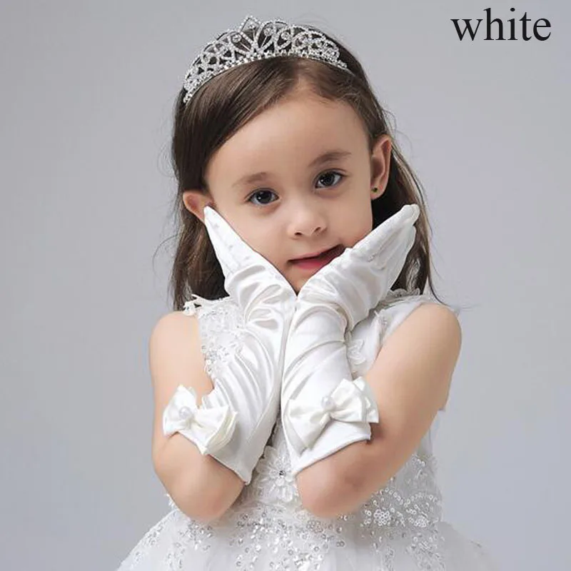 White 1 пара новых длинных перчаток для девочек, однотонные перчатки принцессы с бантом для детского дня, милые перчатки для выпускного бала, танцевальные аксессуары для дня рождения, варежки - Цвет: White