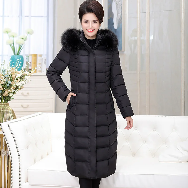 Pus size XL - 6XL faux fur collar hooded parkas coat women zipper single breasted thick warm long jacket 2019 autumn winter | Женская