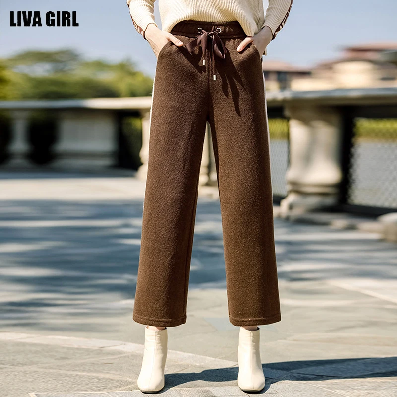 ЛИВА девушка широкие брюки для женщин 2018 Новинка зимы одноцветное цвет Высокая