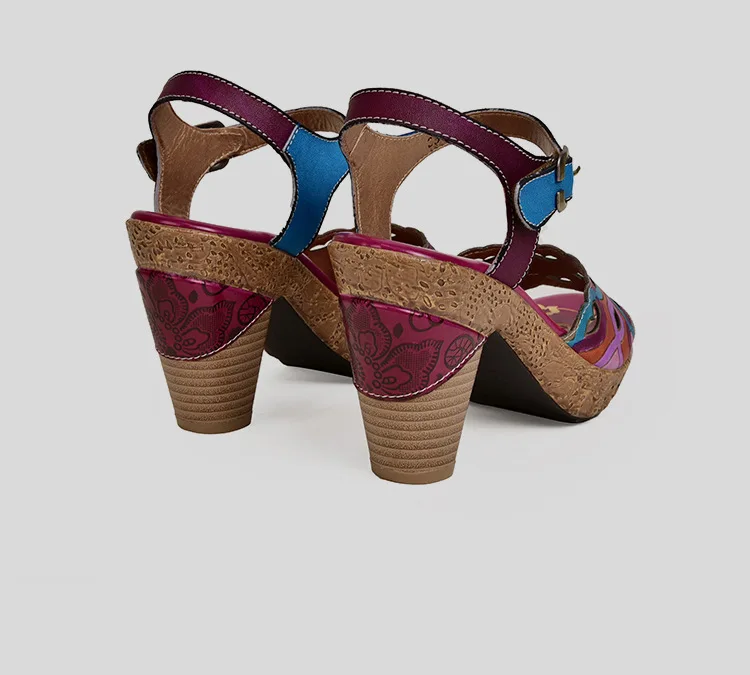 Plus Size Women Sandals 8 CM Super High Heels Chunky Summer Shoes Embroidery Ladies Retro Sandals Genuine Leather Retro Shoes