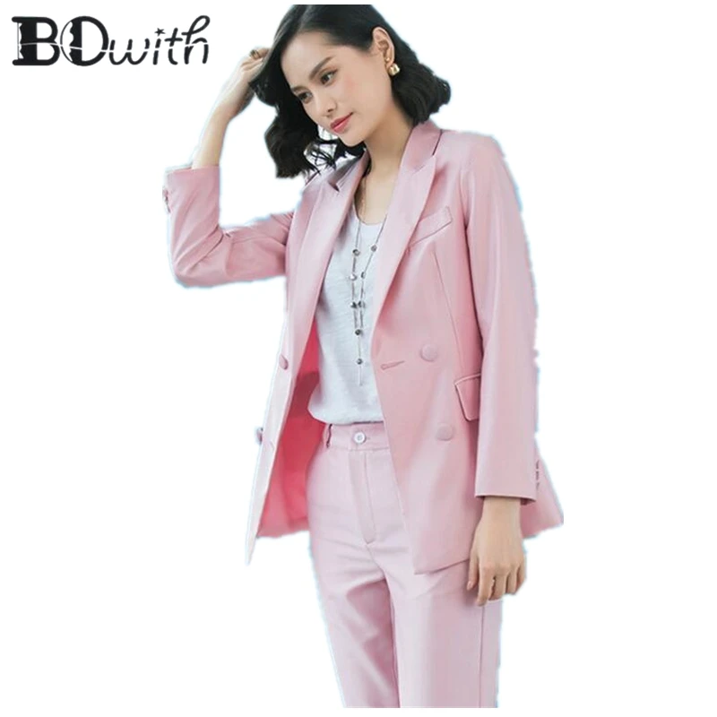 Высококачественные розовые рабочие брючные костюмы OL 2 шт. комплекты двубортный