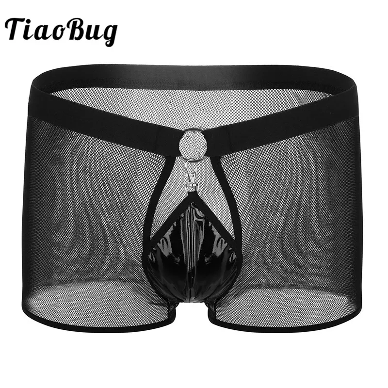 

TiaoBug Black Mens See Through Fishnet Breathable Mesh Low Rise Boxer Hot Sexy Men Lingerie Underwear with Open Front Pouch