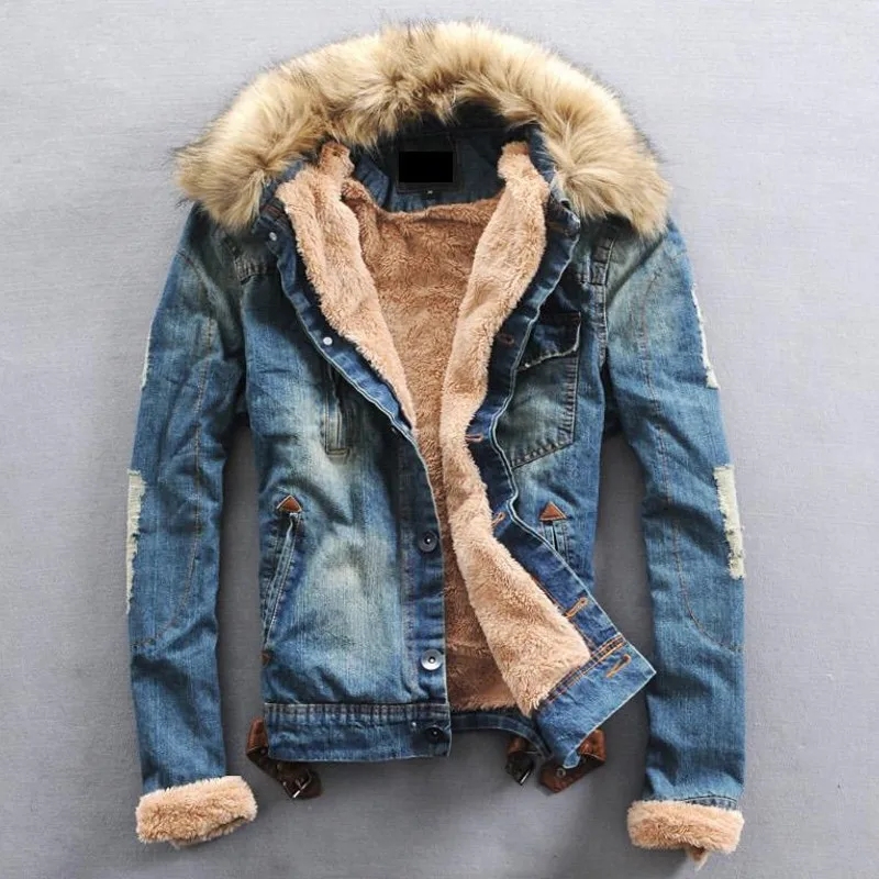 S-4XL, мужская куртка, зимние пальто, новая брендовая одежда, джинсовый пиджак с меховым воротником, модные тонкие мужские джинсы, Толстая теплая верхняя одежда, мужская ковбойская куртка
