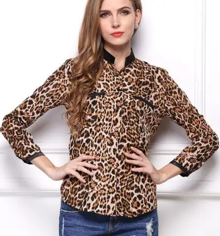 Tenglongwl Шифоновая блузка Для женщин Лето LEOPARD отложным воротником блузки рубашка с