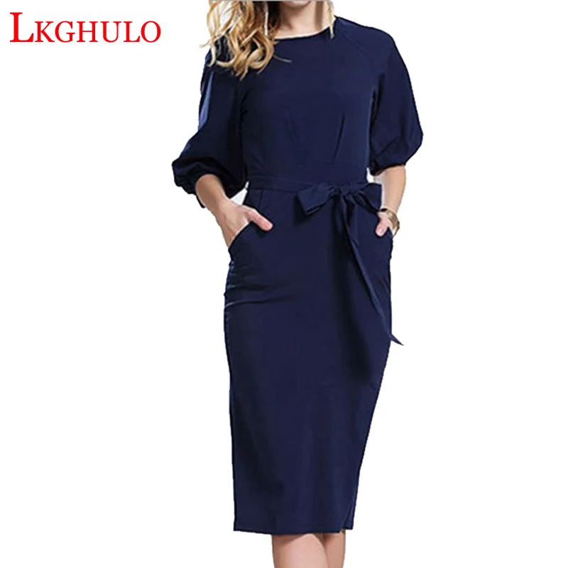 LKGHULO 2018 Women Midi Dress Elegant Peplum Vintage Dresses Casual Work Office Party Bodycon Belt Pencil Sheath A44 | Женская одежда