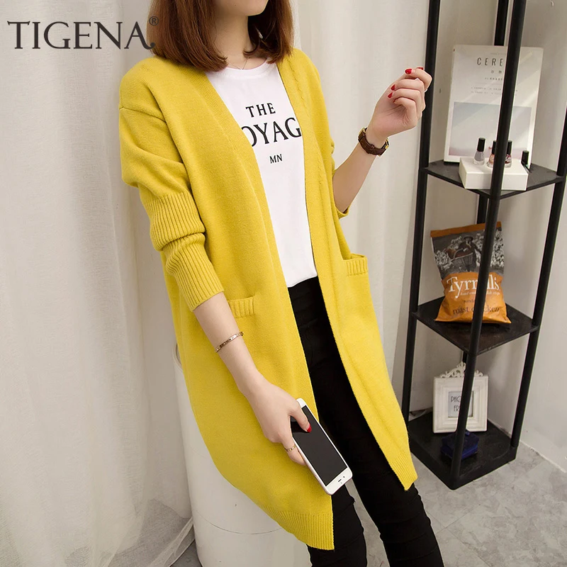 Женский длинный кардиган TIGENA розовый и желтый свитер с длинным рукавом вязаный