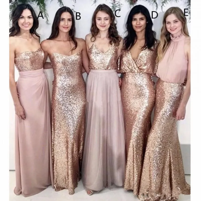 свадебное платье Modest Blush Pink Bridesmaid Dresses Beach Wedding with Rose Gold Sequin Party vestido de fiesta de boda