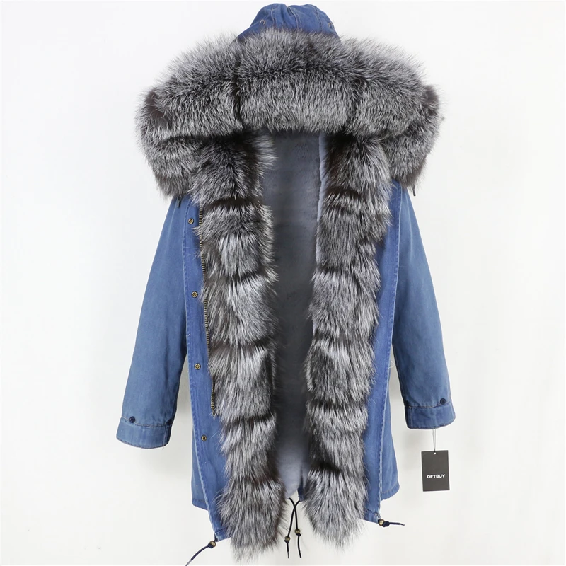 denim silver E OFTBUY,, настоящая лисица, пальто, зимняя куртка, Женская длинная парка, натуральный Лисий мех, отделка, капюшон, брендовая парка, толстая, теплая, уличная одежда, съемная - Цвет: denim silver E