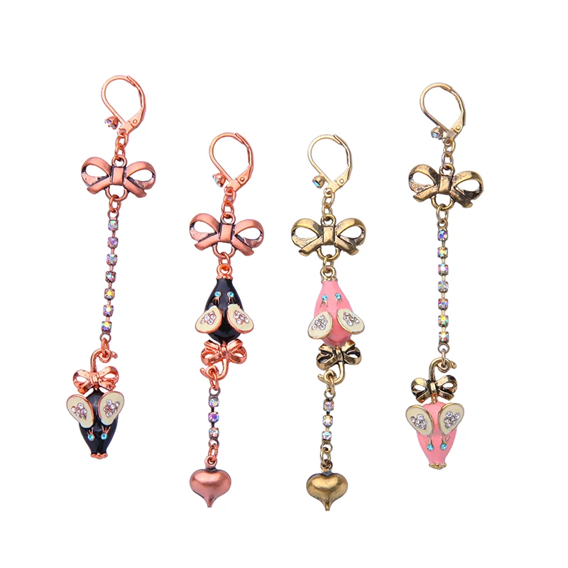 Длинные серьги с розовым и черным камнем в форме мыши для девочек|long drop earrings|long