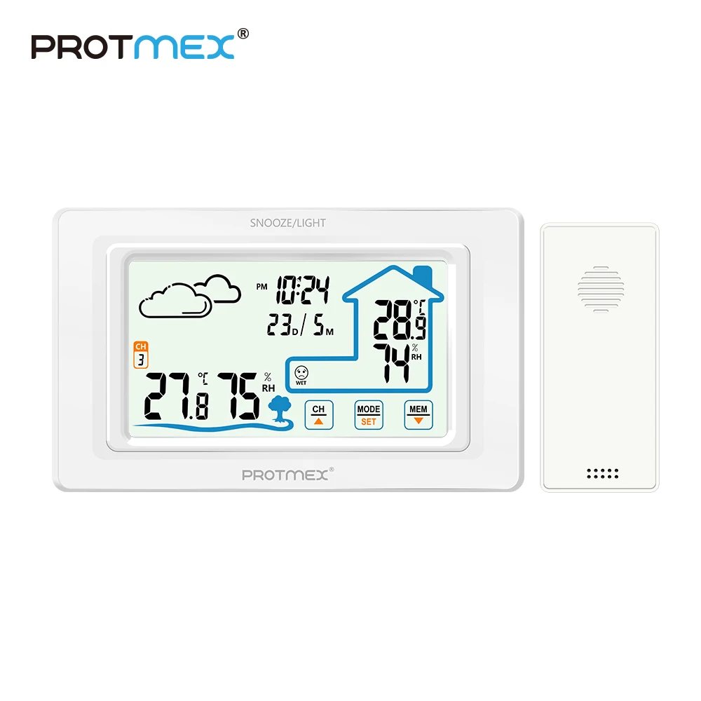 Protmex PT19A цветной сенсорный экран, метеостанция, датчик, термометр, гигрометр, цифровой датчик, датчик, для помещений, для улицы, дома